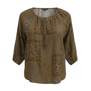 Reneec Women's Size S Brown Paisley Print Boho Tie Neck Blouse Western Vibe